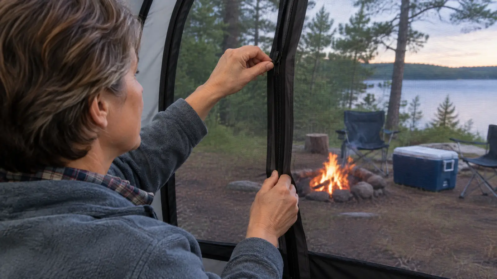 A person zipping the mesh door of a screen house, campfire visible outside.