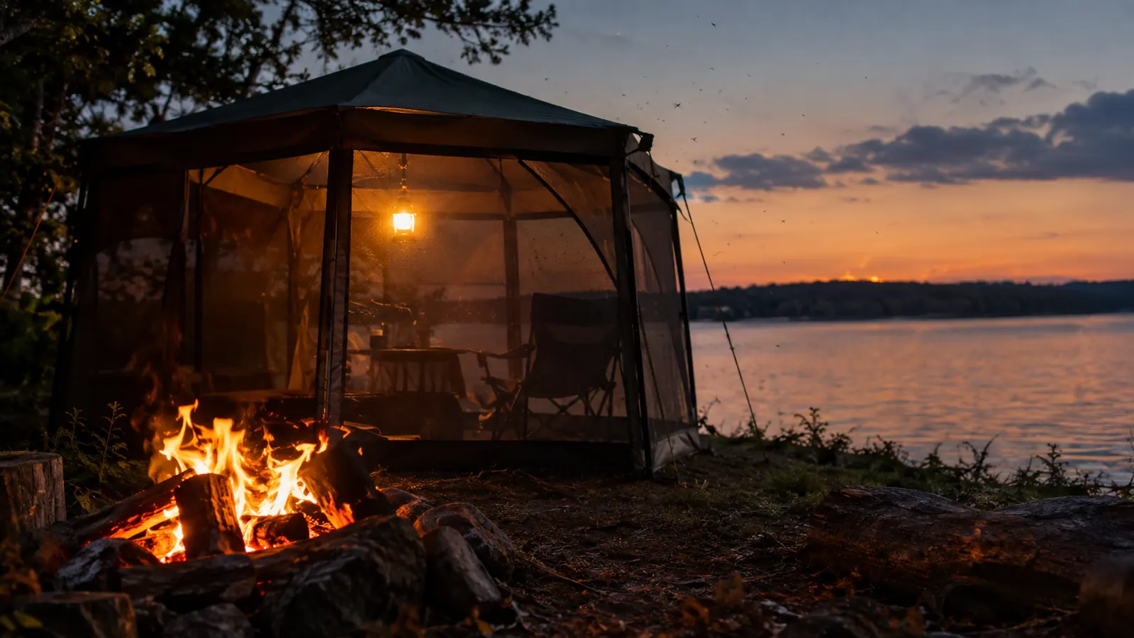 A screen house lit by a lantern at dusk, with a campfire in front and the mesh keeping bugs out.
