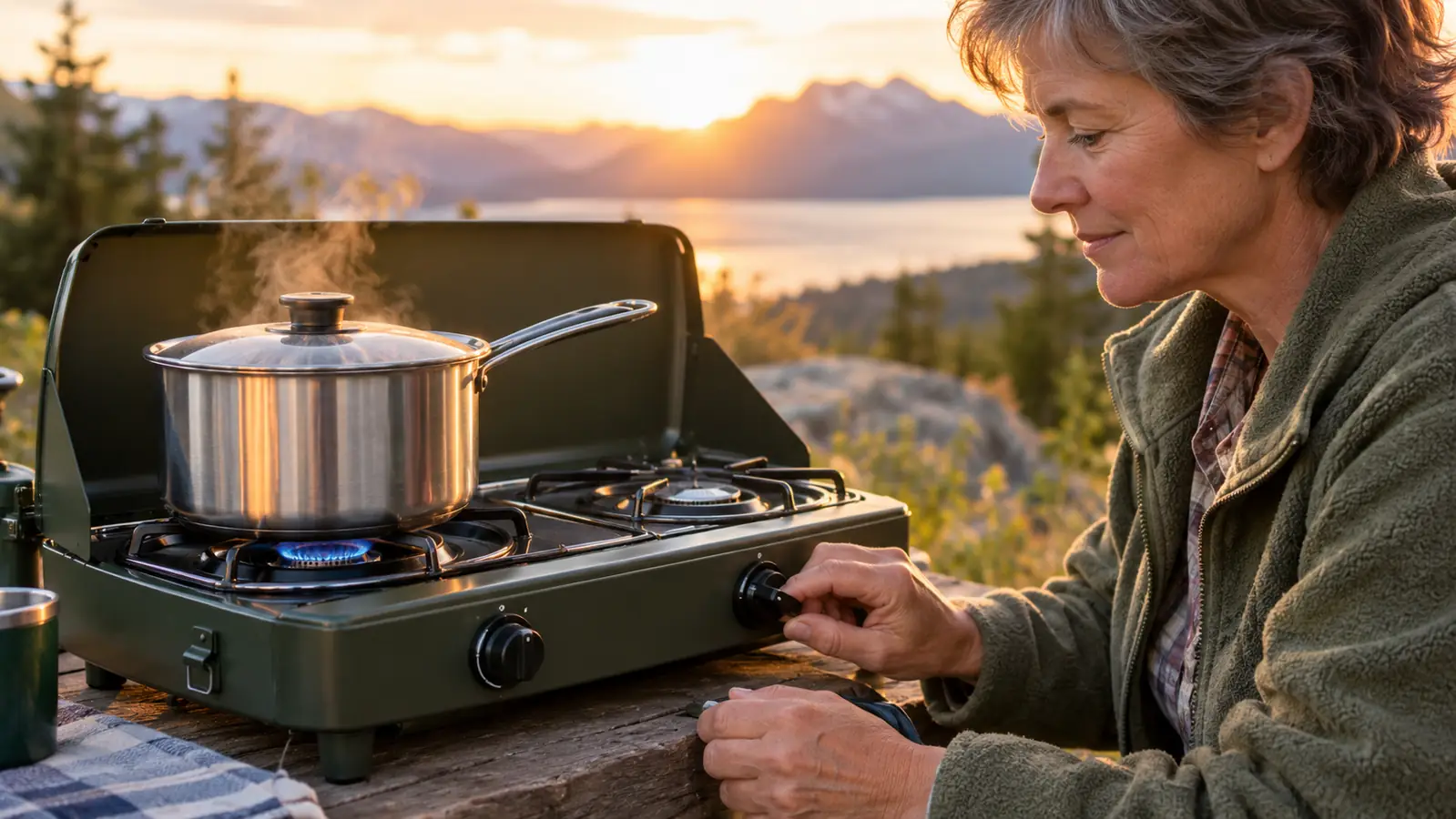 A hand adjusting the knob on a two-burner camp stove while a stainless pot simmers on the burner, golden hour light