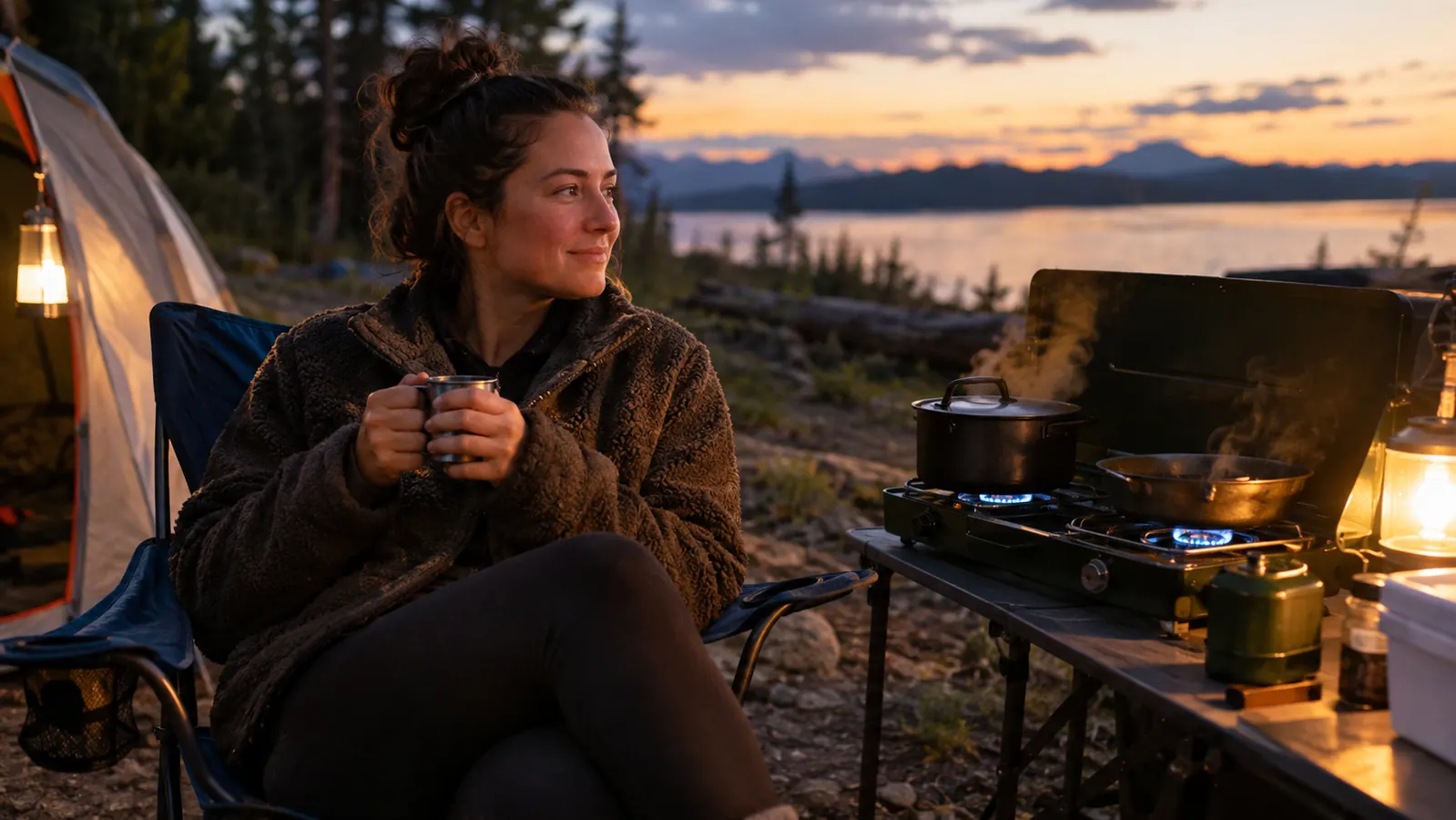 A woman in a folding camp chair beside a two-burner camp stove at a campsite at dusk, both burners lit, steam rising, a coffee cup in her hand