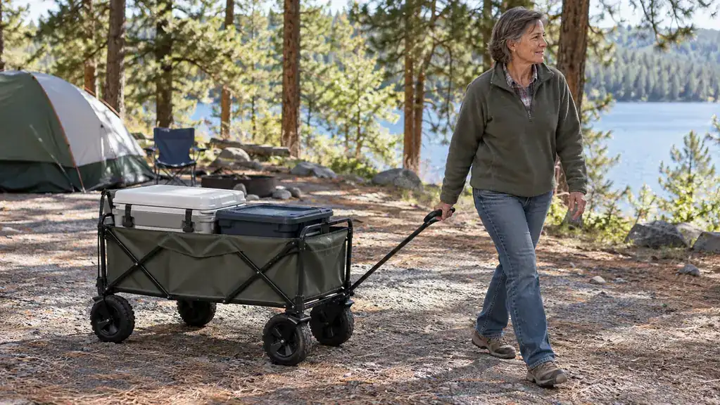A person pulling a loaded folding wagon across a gravel campsite