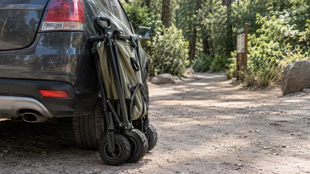 A folded wagon leaning against the tailgate of a parked SUV at a trailhead