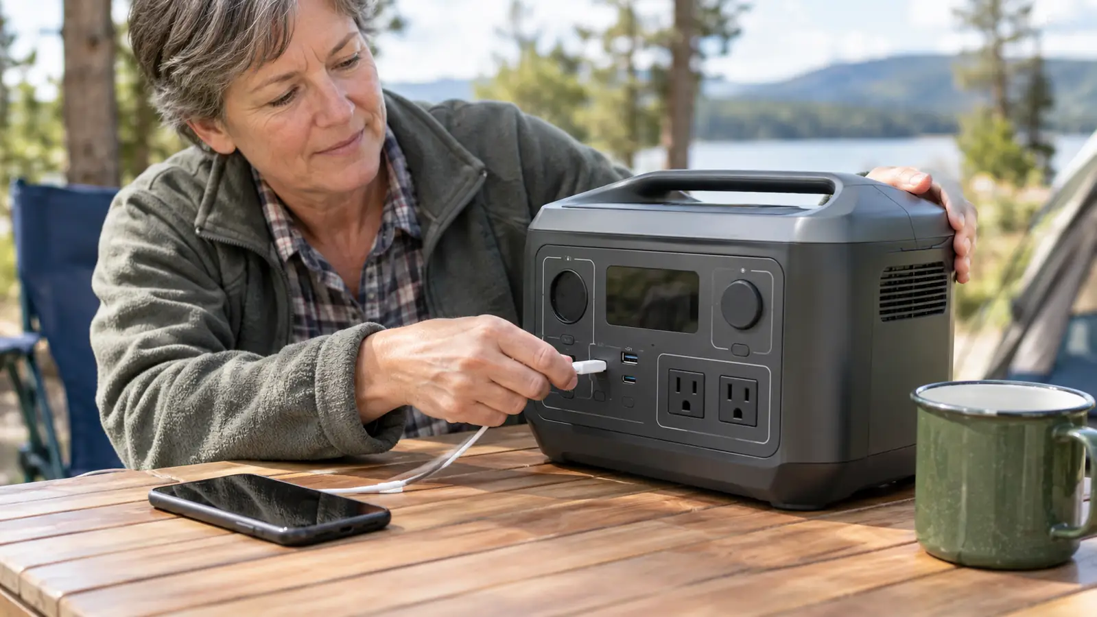 A hand plugging a phone charging cable into the front panel of a portable power station on a camp table.