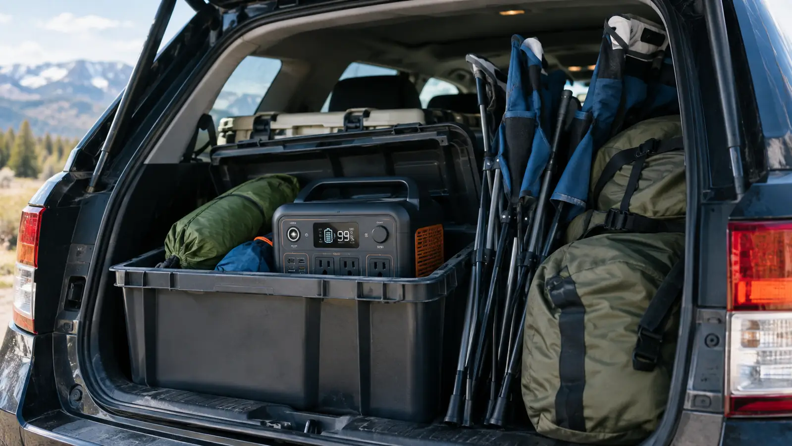 A portable power station packed inside an open plastic storage bin in the back of an SUV, surrounded by camping gear.