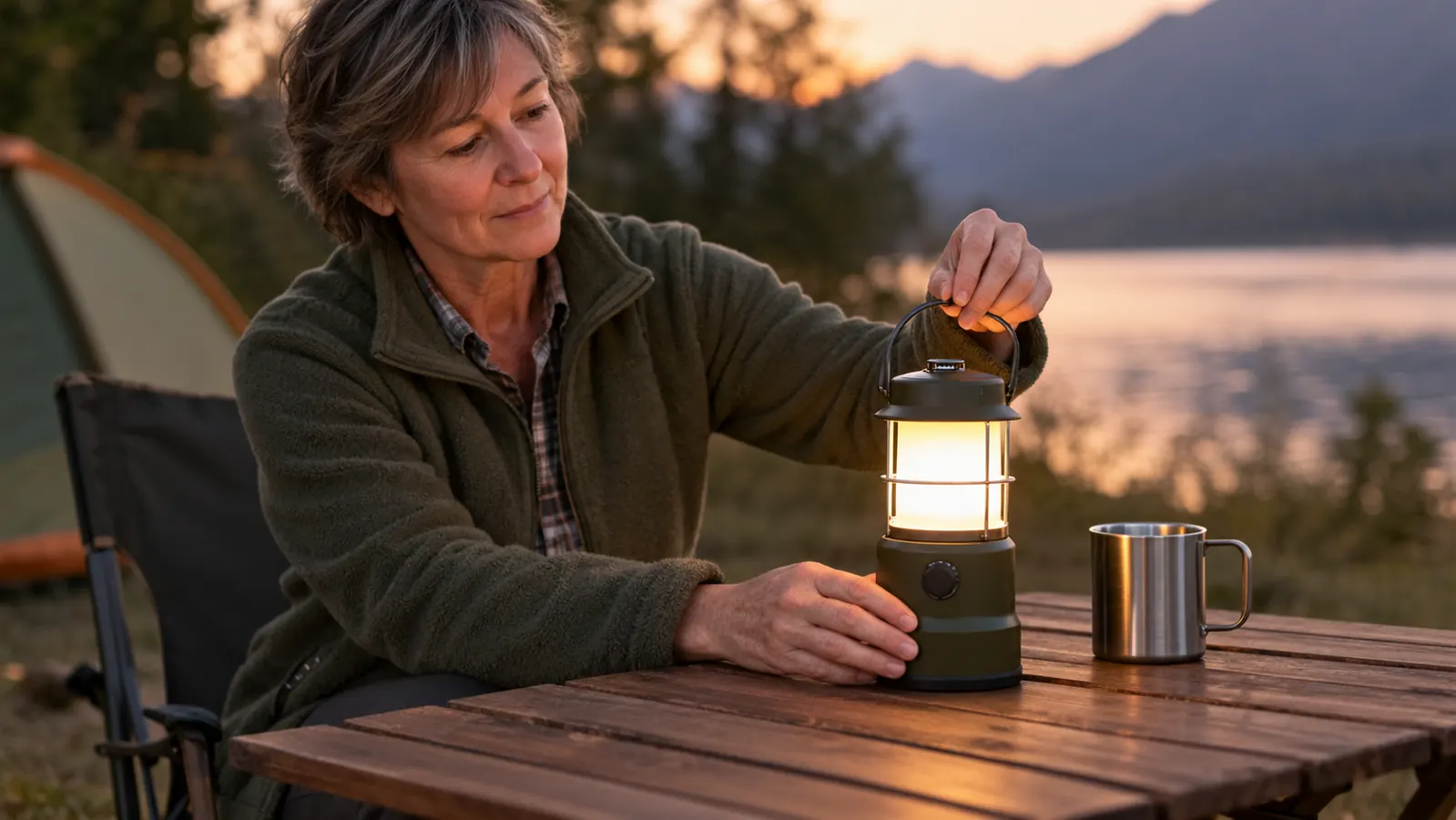 A hand setting a lantern on a camp table beside a stainless mug