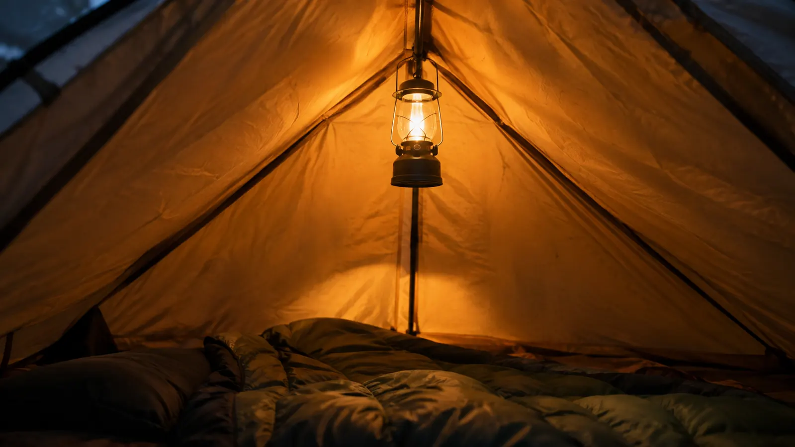A lantern hanging from a tent ridge pole, glowing inside the tent