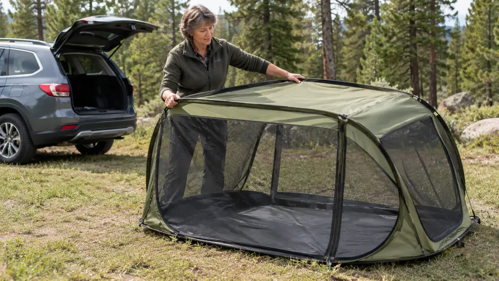 A person unfolding a pop up screen house on flat ground near a parked SUV