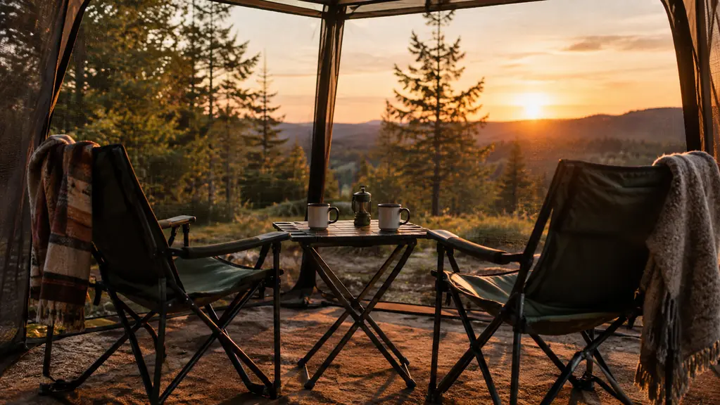Two camp chairs and a small table inside a screen house at golden hour