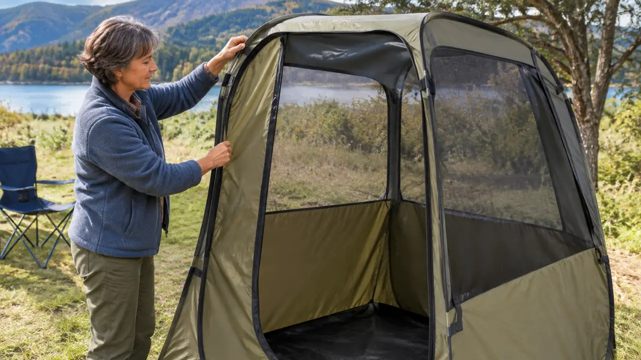 A woman standing beside an open pop up screen house at a campsite, one hand on the frame.