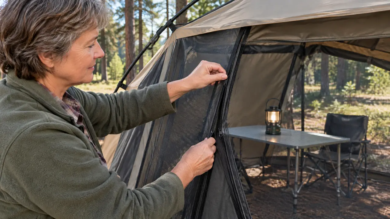 A person's hands unzipping the mesh door of a screen house shelter at a campsite, a camp table and chair visible inside.
