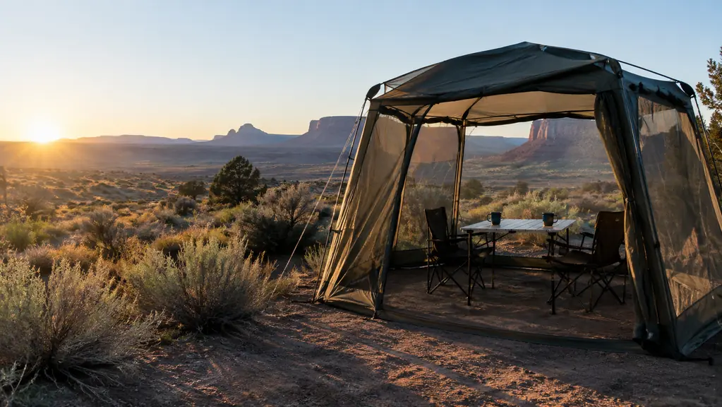 A campsite in the morning with a screen house shelter open, two coffee mugs on a table inside, sunlight through the mesh walls, mountains in the distance.