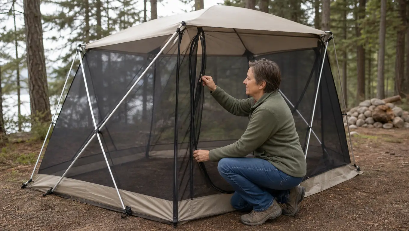 Person unzipping the door of a pop-up screen house at a campsite
