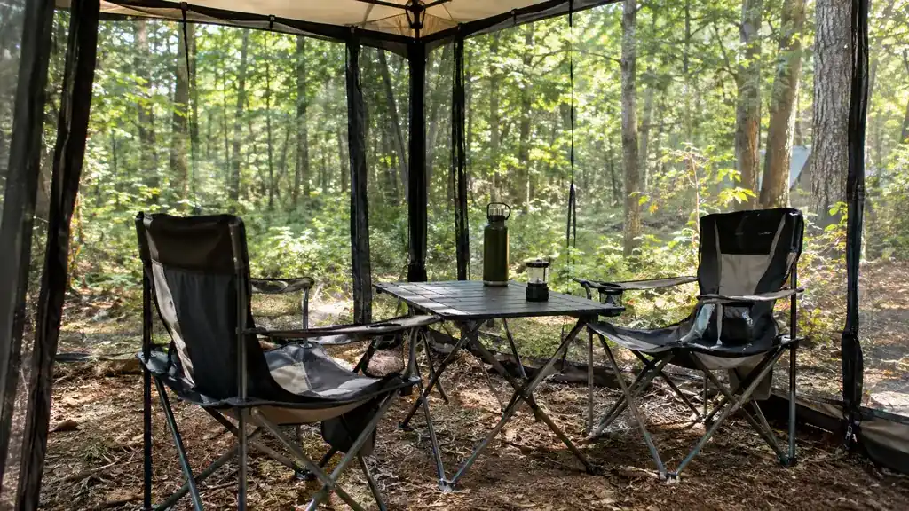 Camp chairs and table inside a pop-up screen house at a forest campsite