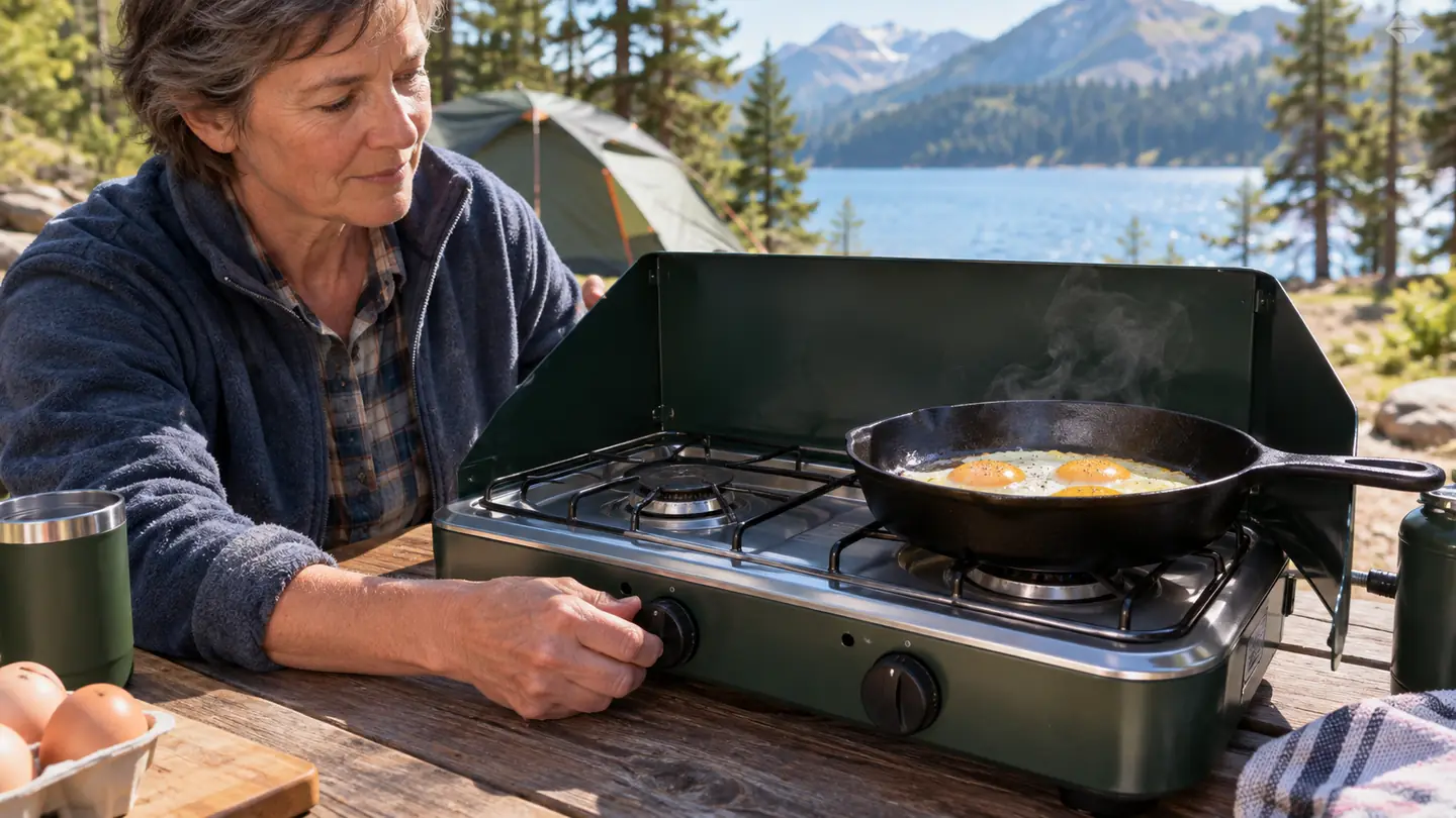 A hand adjusting a knob on a two-burner stove while a cast iron pan sits on the grate