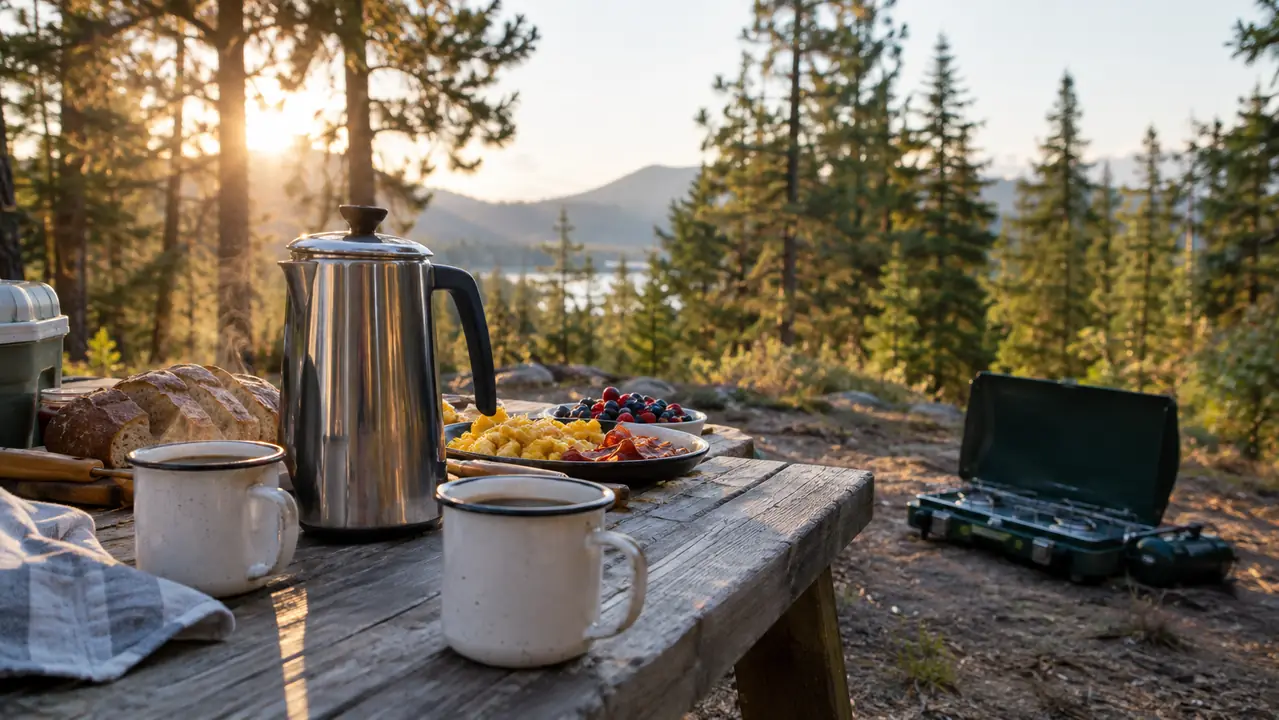 A campsite breakfast spread in morning light with a coffee pot and two mugs on a wooden picnic table