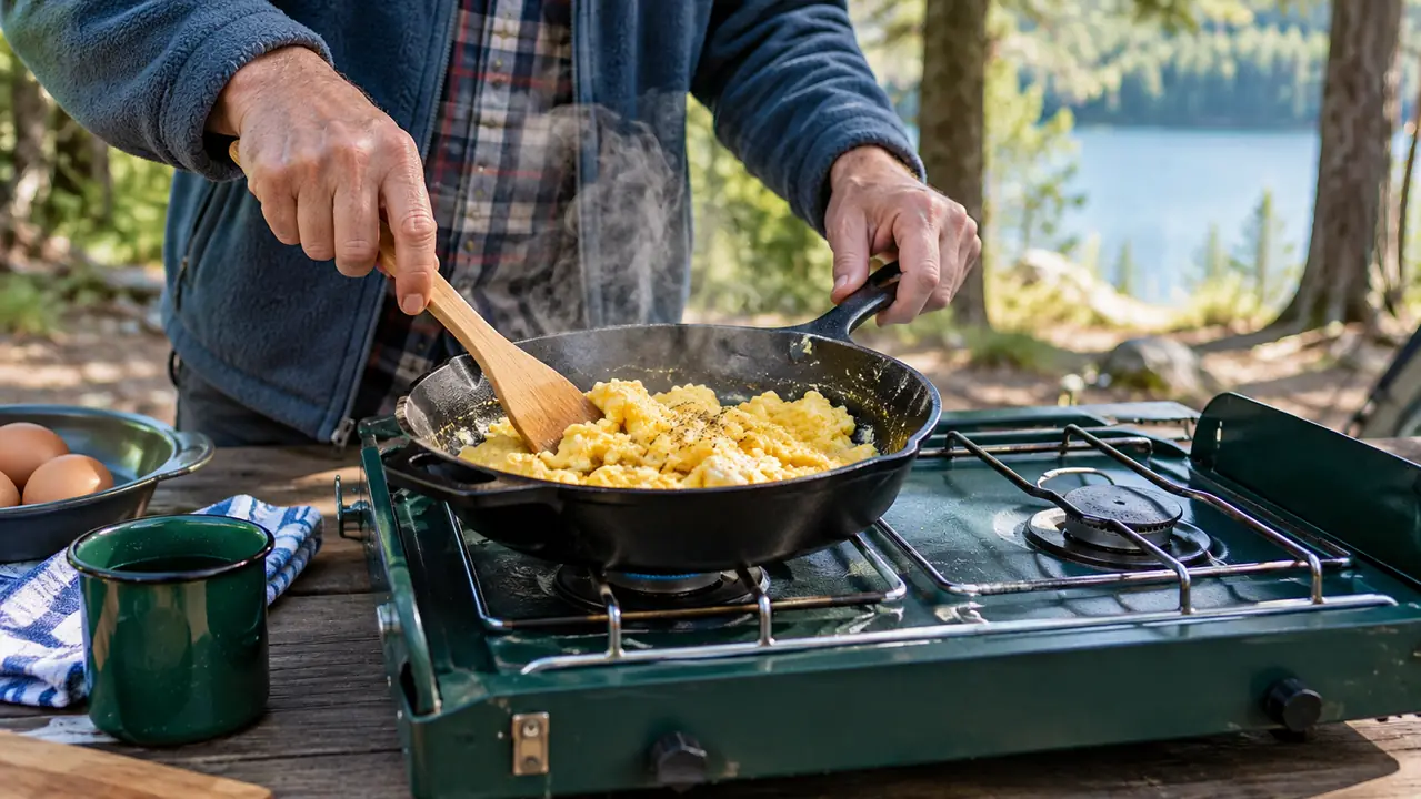 Hands cooking scrambled eggs in a skillet on a two-burner camp stove at a campsite table