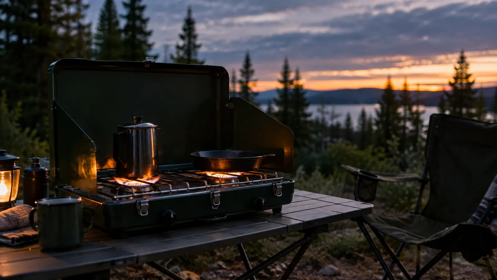 A two-burner camp stove on a table at dusk with its lid open as a wind screen, treeline behind
