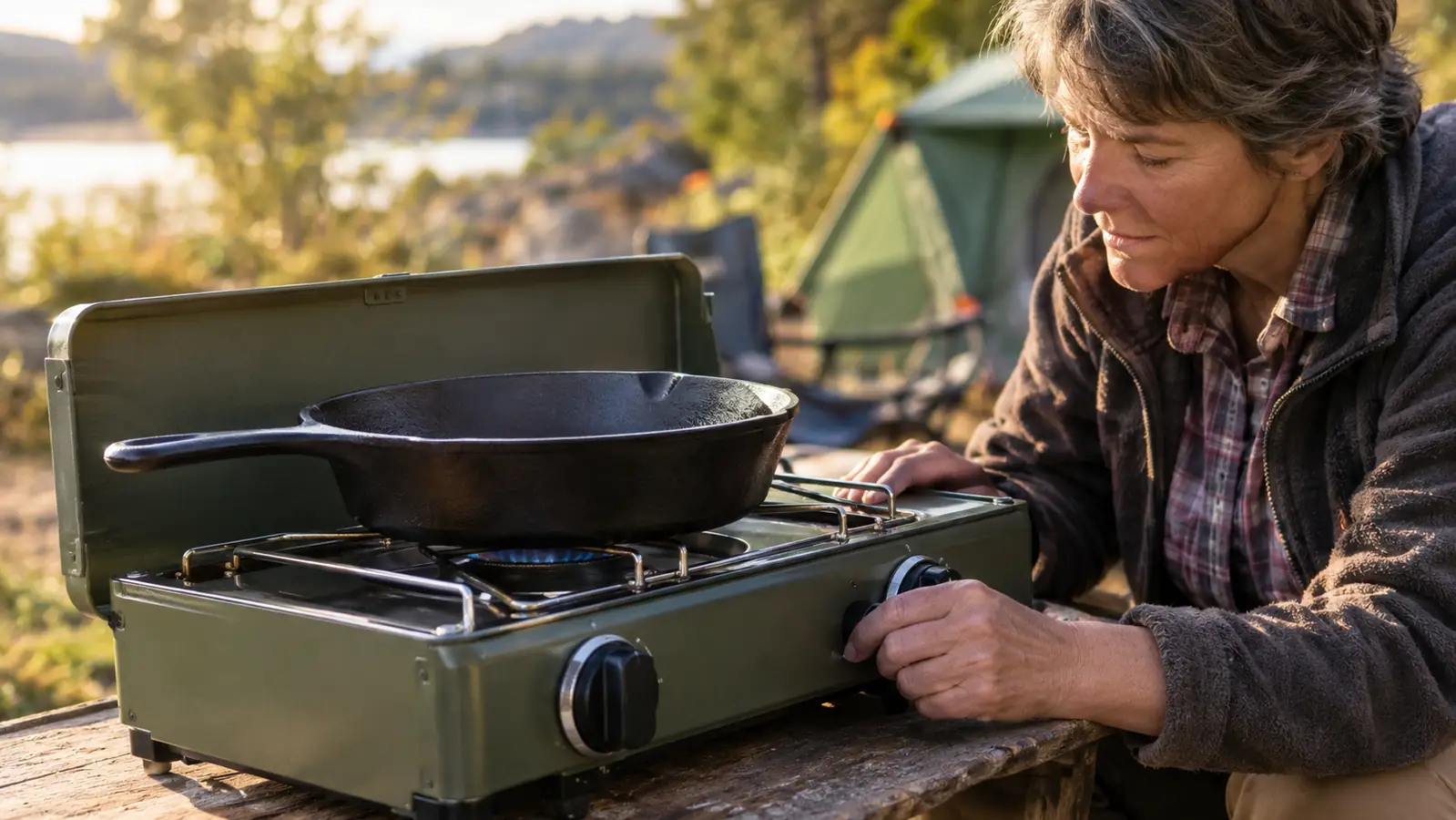 A hand adjusting the knob on a two-burner camping stove while a cast iron skillet sits on the burner grate
