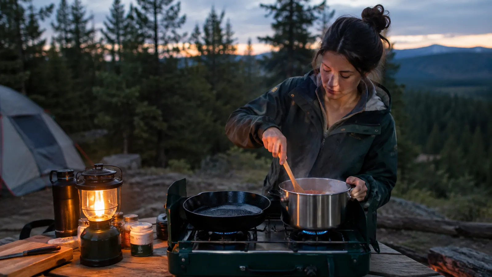 An evening camp kitchen with the two-burner stove on a table, a cast iron skillet, and a woman stirring a pot at dusk