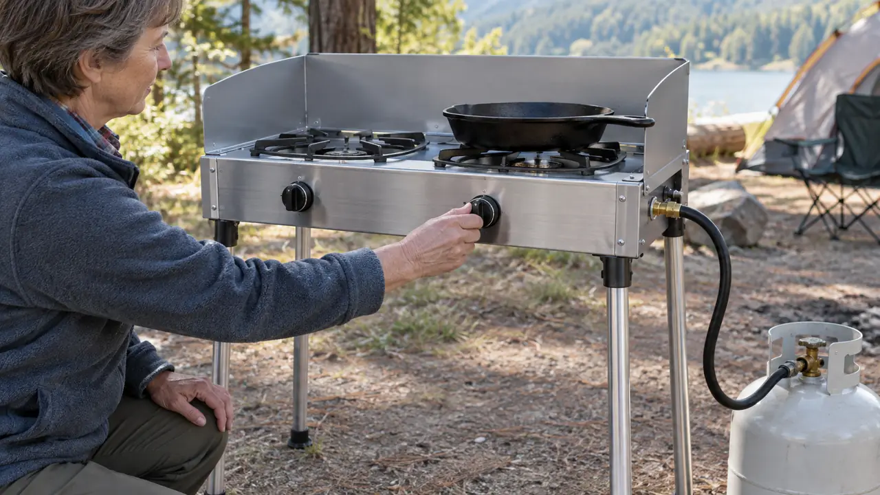 A hand turning a valve on a large two-burner camp stove with a cast iron skillet on the grate