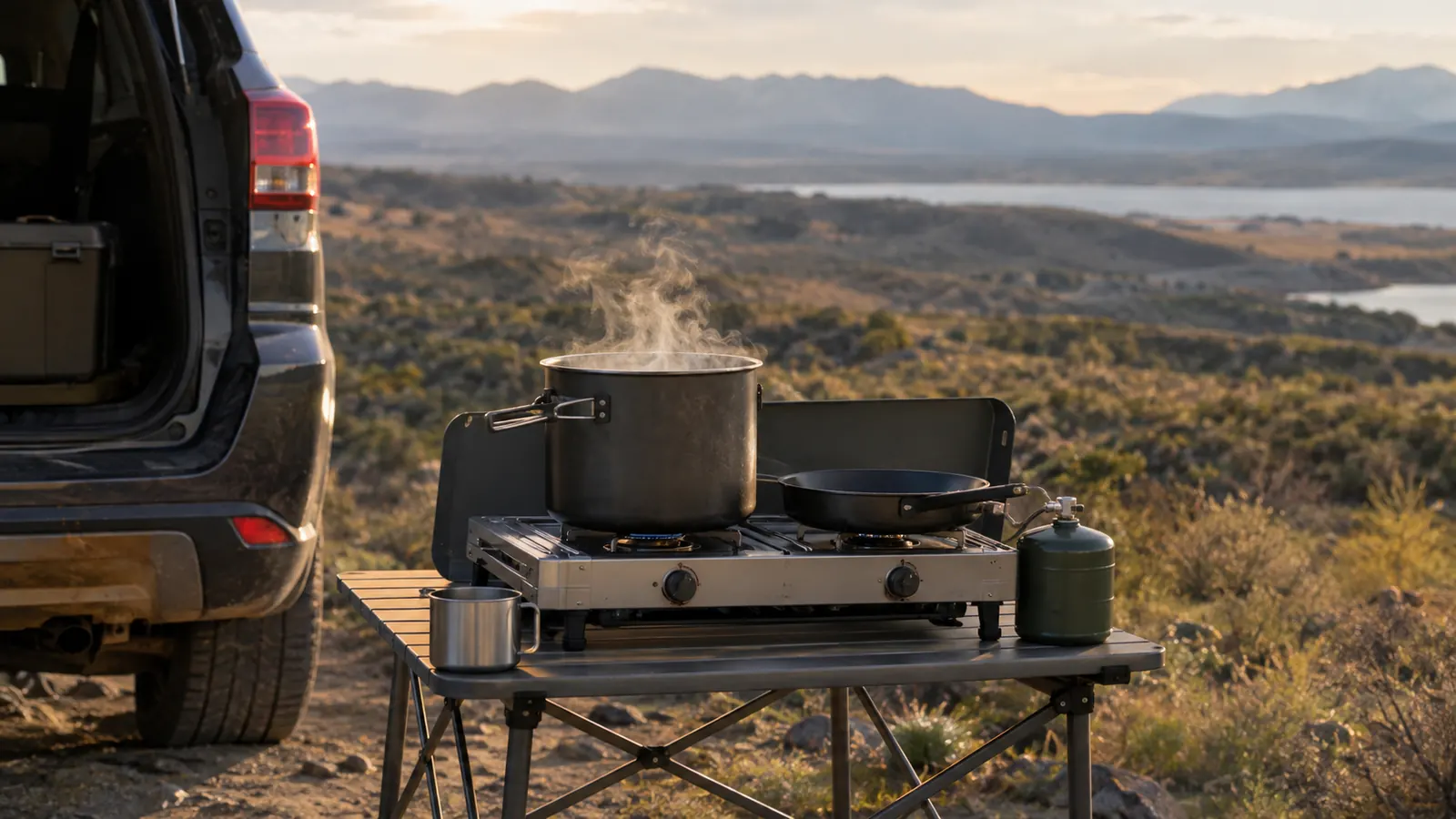 A large pot of water boiling on a two-burner camp stove set on a folding table beside a parked SUV at a trailhead