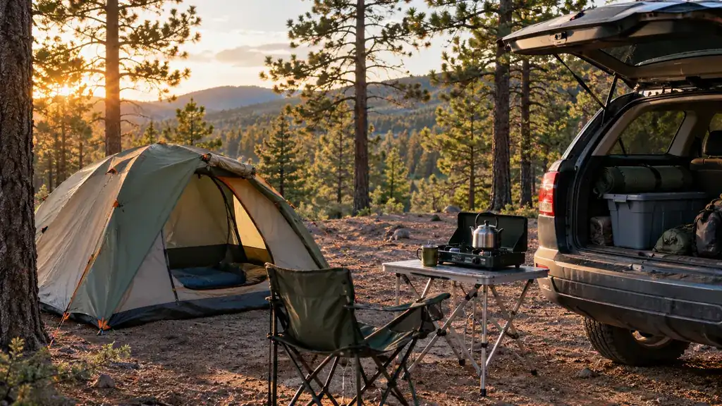 A dome tent pitched beside the open tailgate of an SUV at a pine-shaded campsite in late afternoon light, with a folding chair, a small table and a two-burner stove set up alongside