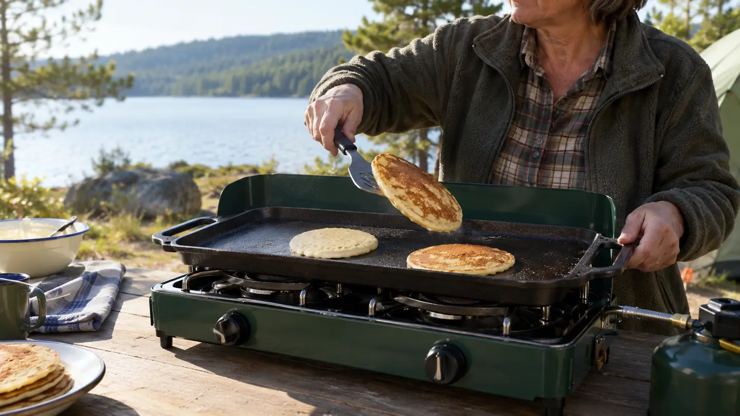 A hand using a spatula to flip a pancake on a griddle over a two-burner camp stove