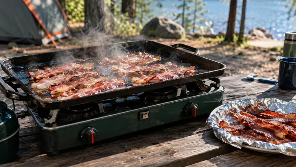 Bacon strips cooking on a griddle over a camp stove with a foil-covered plate of cooked bacon beside it