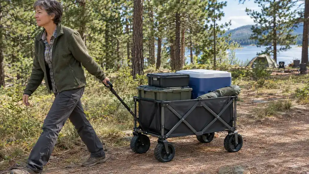 A person pulling a loaded folding wagon along a dirt path toward a campsite