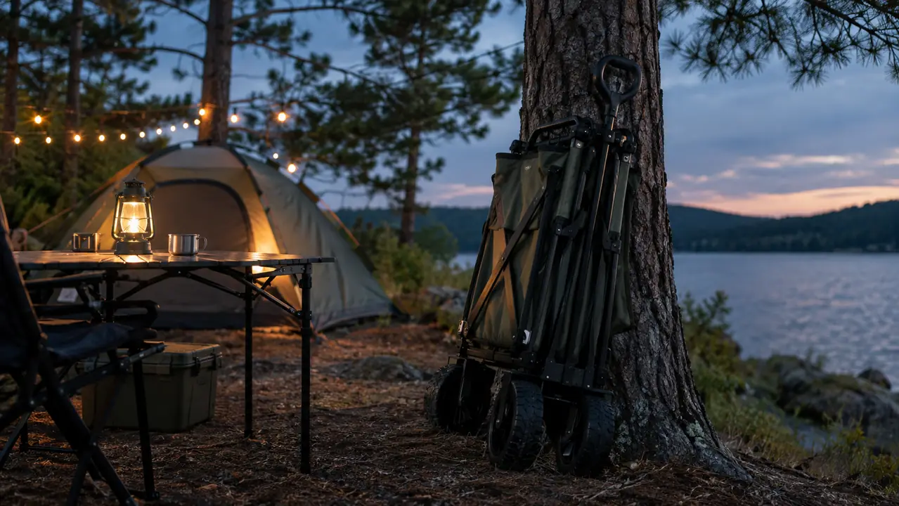 A folded wagon leaning against a pine tree at a campsite in the evening