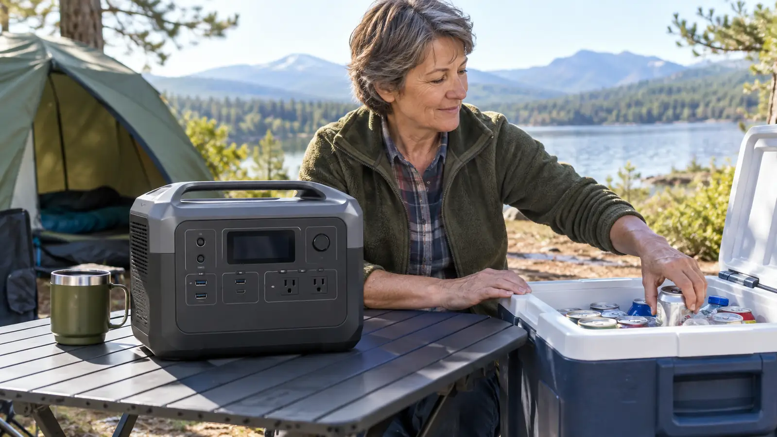 A portable power station on a camp table beside an open cooler