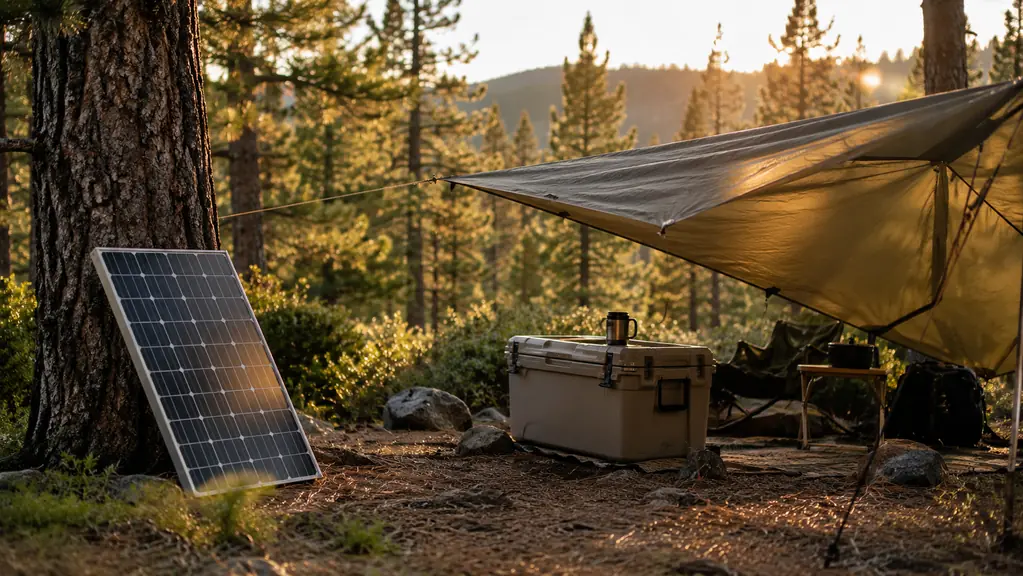 A campsite in the morning with a cooler in the shade and a solar panel nearby