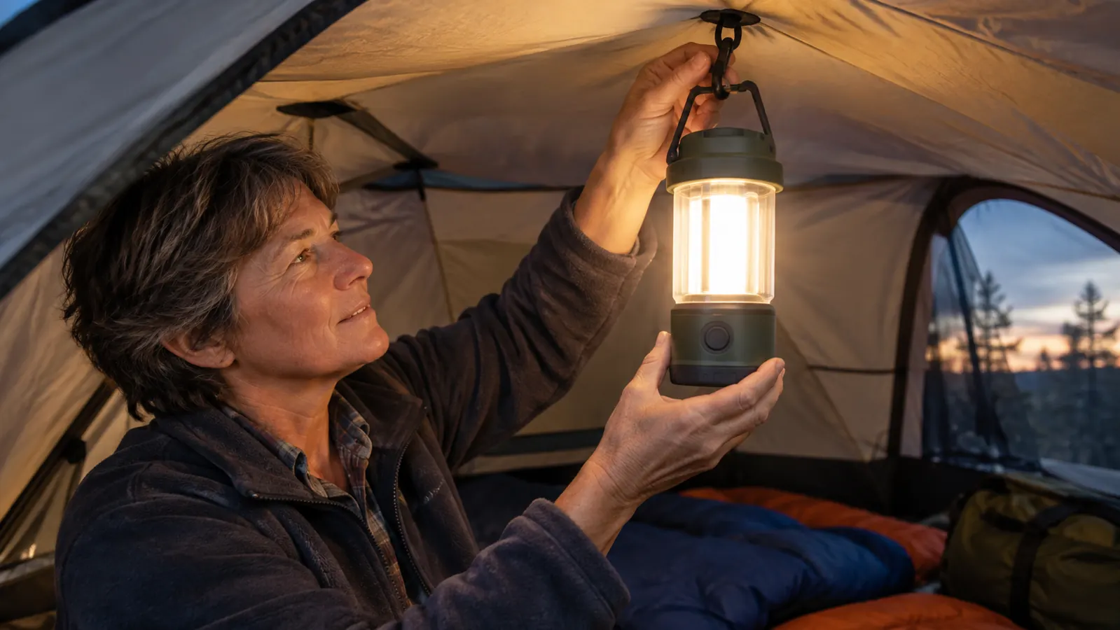 A hand hanging a rechargeable lantern from a hook inside a tent, the light casting a soft glow over sleeping bags