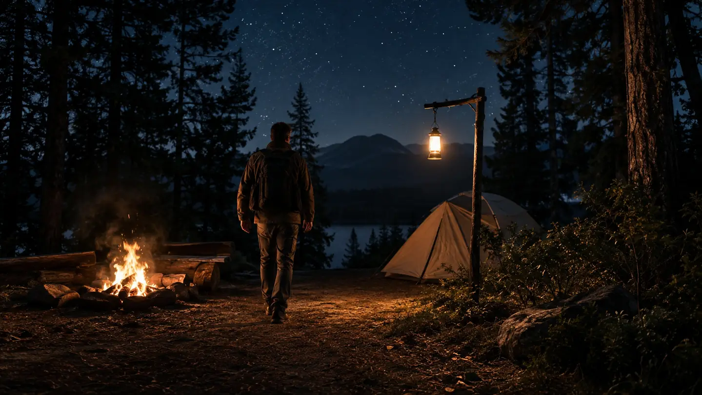 A person walking from a campfire toward a lit tent at night, guided by the glow of a lantern