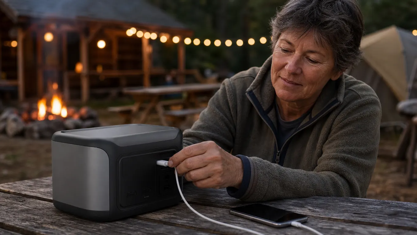 A hand plugging a phone charging cable into a portable power station on a camp picnic table