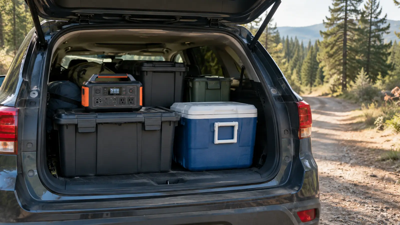 The open rear hatch of an SUV packed with plastic storage bins, a cooler, and a portable power station