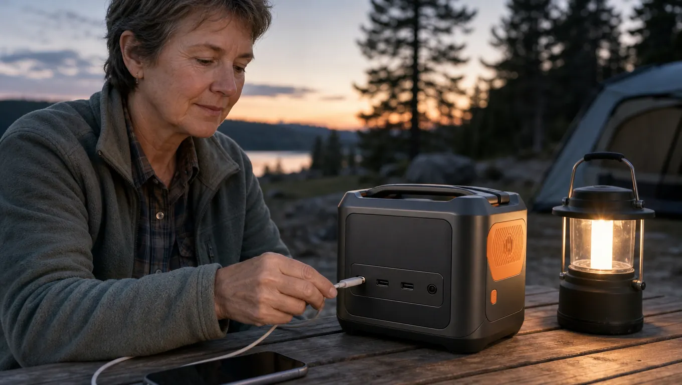 A hand plugging a phone charging cable into a portable power station on a camp table, with a camping lantern glowing nearby
