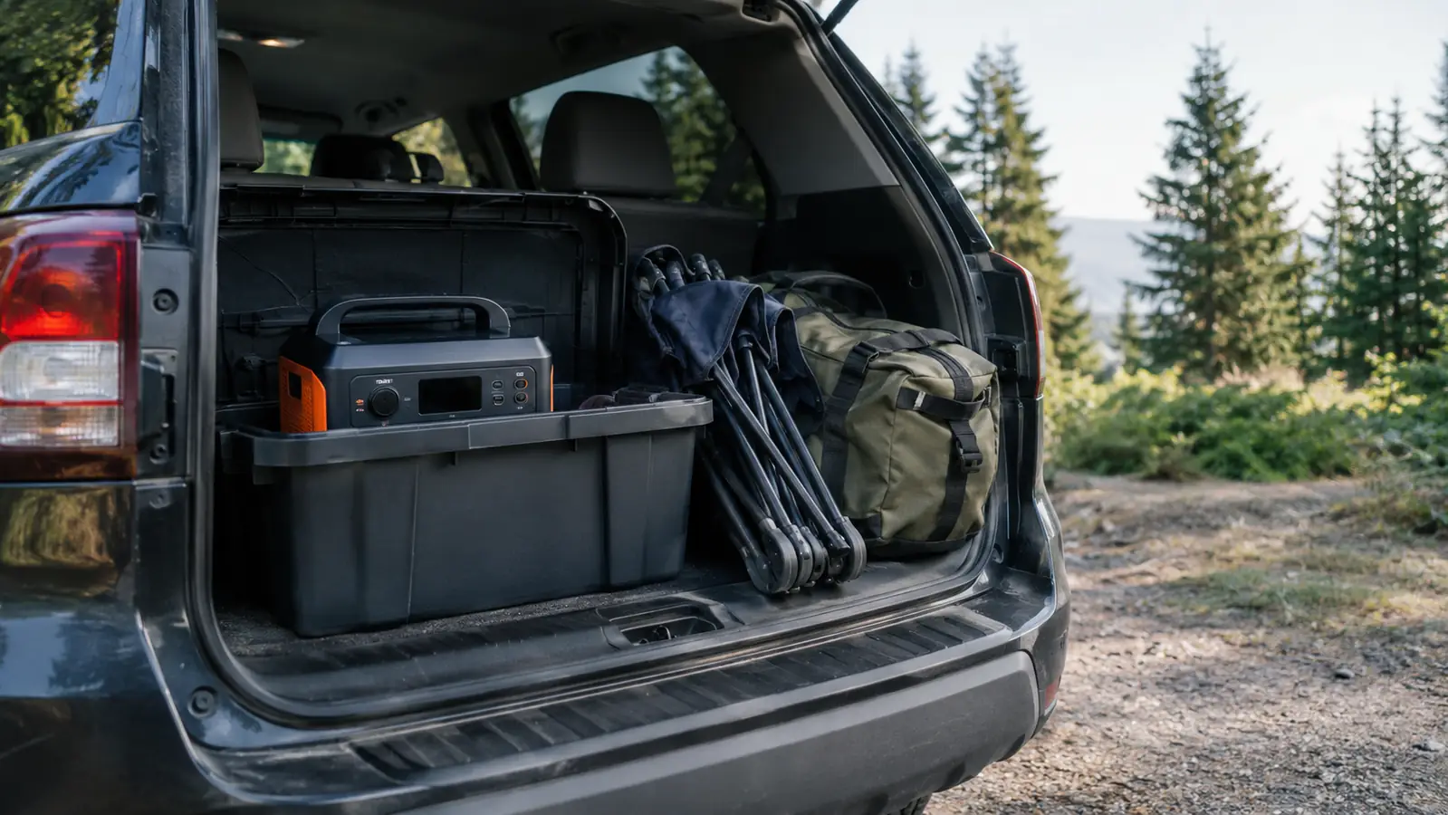 An open plastic storage bin in the back of an SUV holding a portable power station, with a folded camp chair and duffel bag beside it