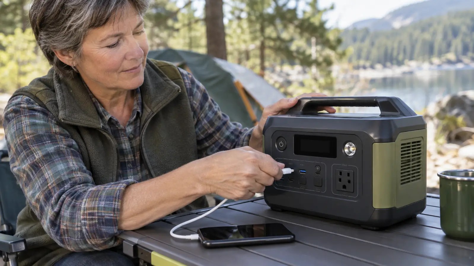 A hand plugging a charging cable into a portable power station on a camp table