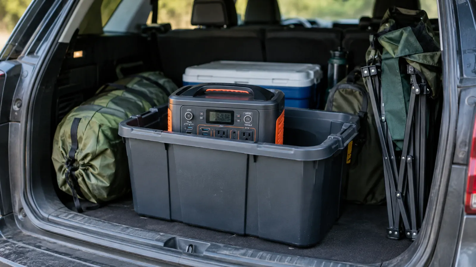 A portable power station packed in a plastic storage bin in the back of an SUV with camping gear