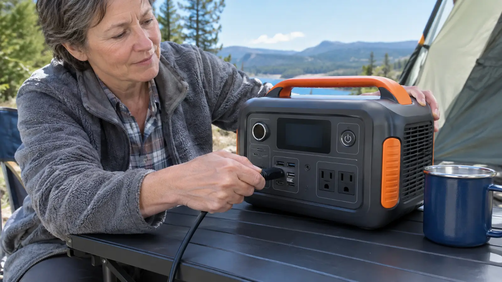 A hand plugging a charging cable into the front panel of a portable power station on a camp table.