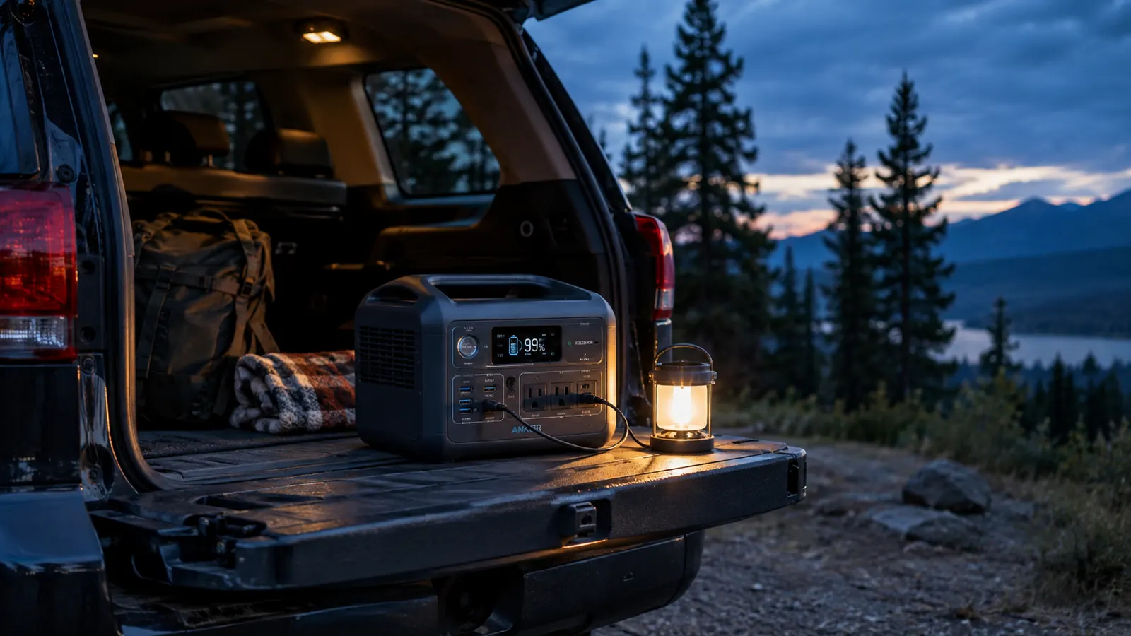 A portable power station sitting on the open tailgate of an SUV at dusk, with a small camp lamp running from it.