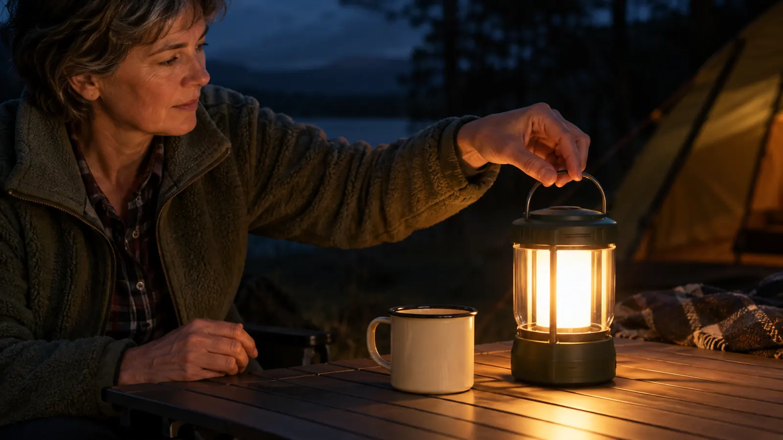 A hand reaching for a lantern on a camp table at night