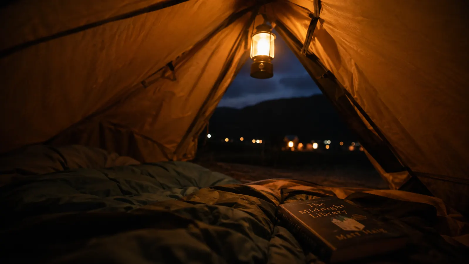 A lantern hanging inside a tent at night casting a warm glow