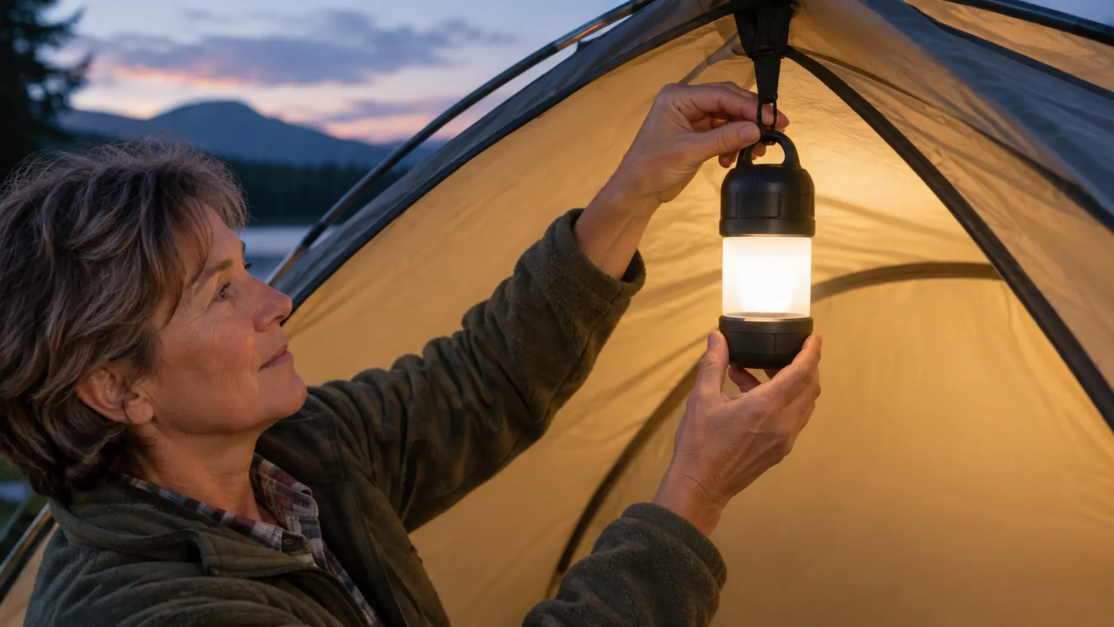 A hand hanging a rechargeable camping lantern from a loop inside a dome tent