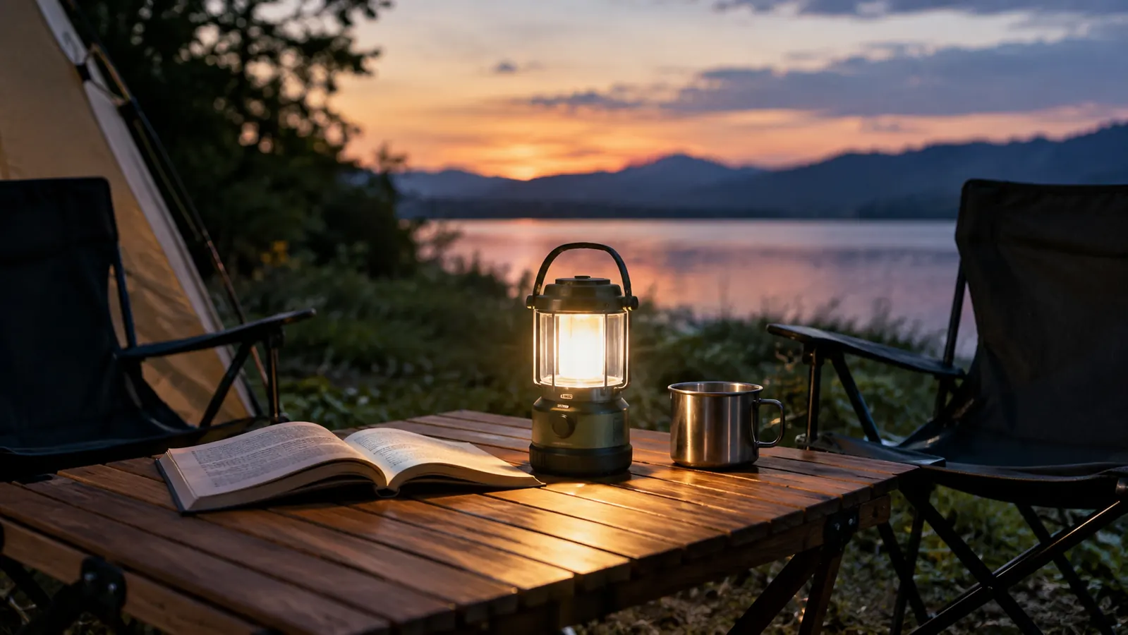 A rechargeable camping lantern sitting on a camp table beside an open book and a metal mug