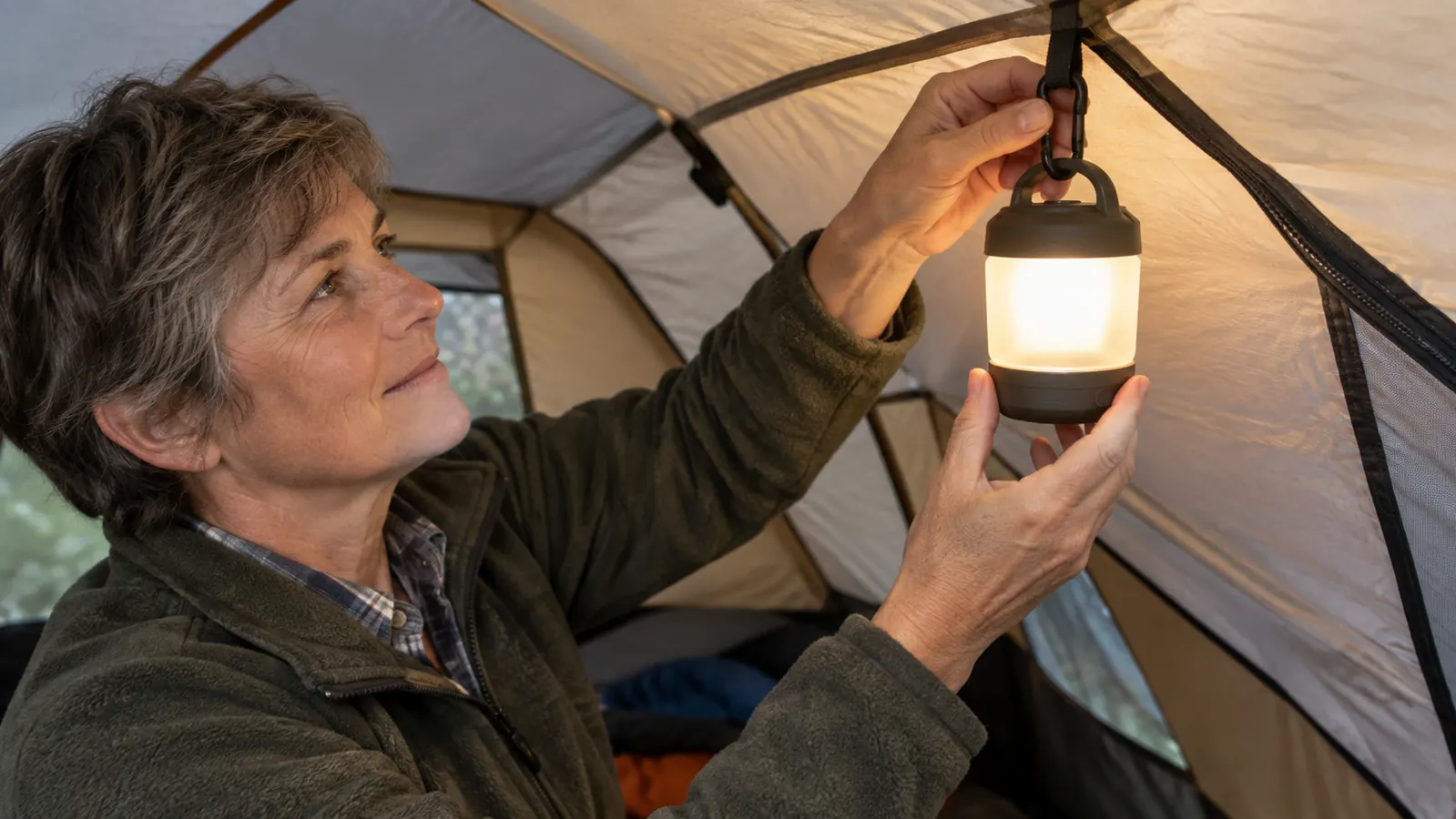 A hand hanging a lantern from a tent loop inside a dome tent