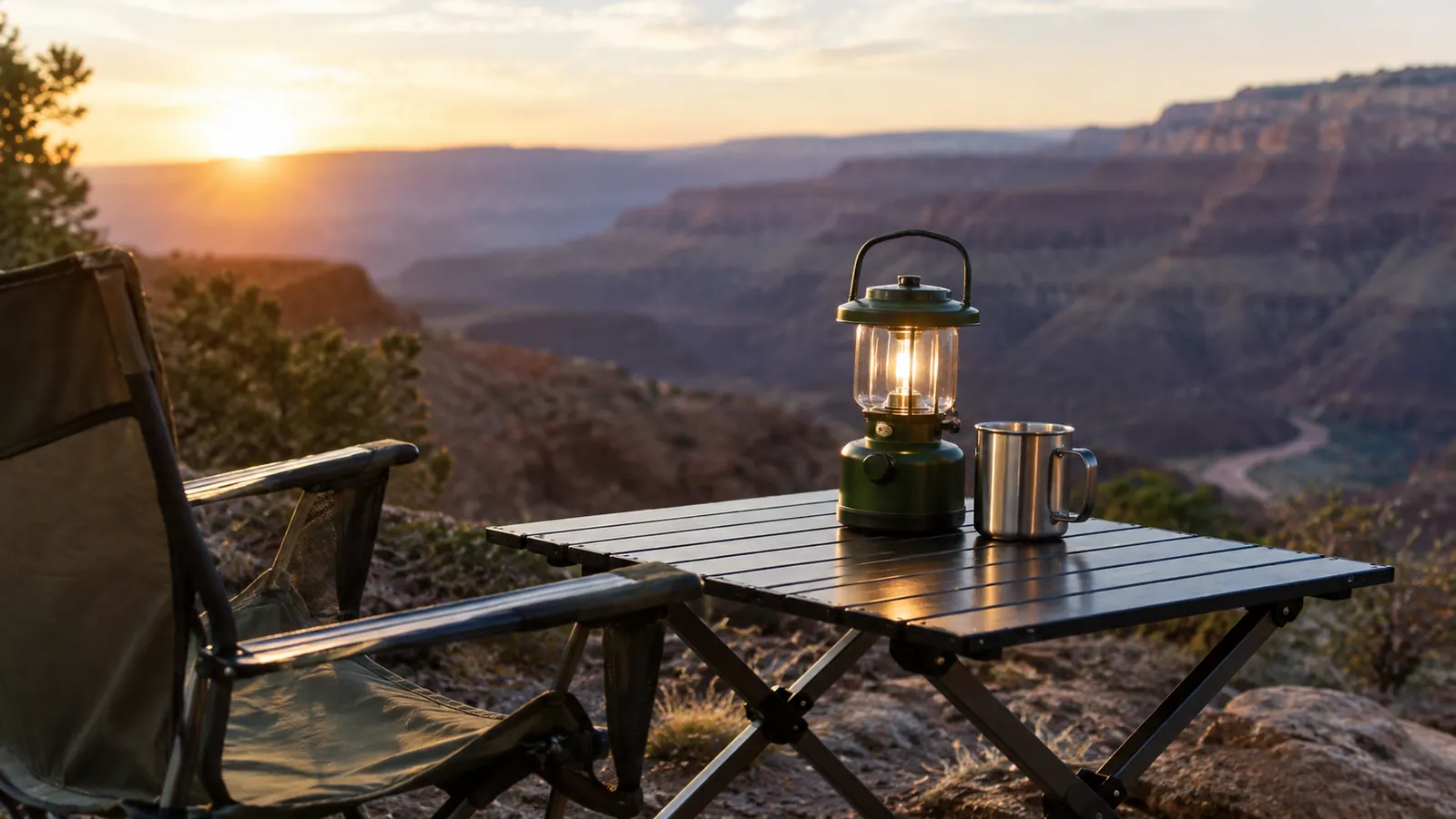 A lantern on a camp table next to a mug and a camp chair in morning light