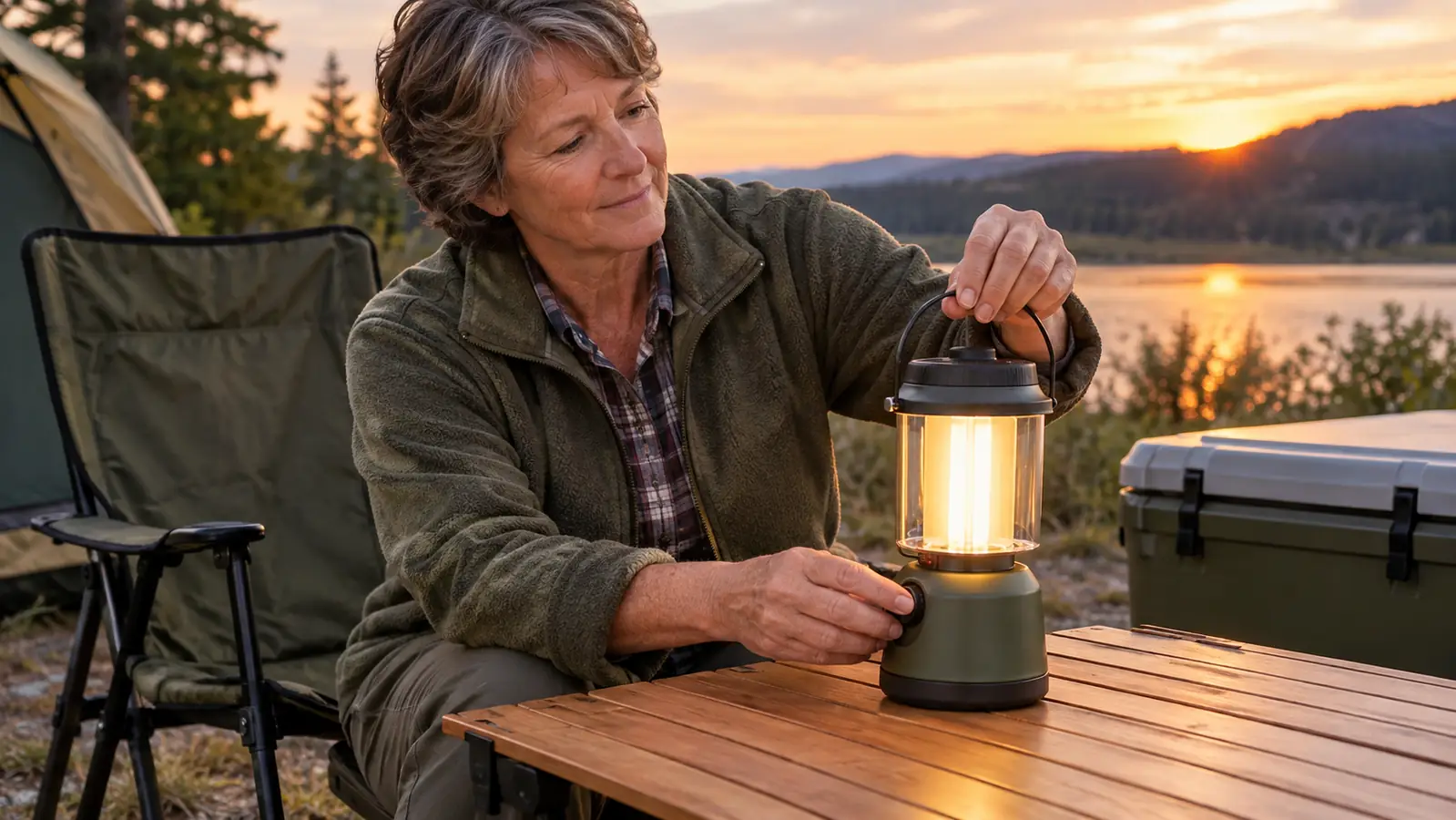 A hand adjusting a lantern sitting on a wooden camp table beside a camp chair in the evening