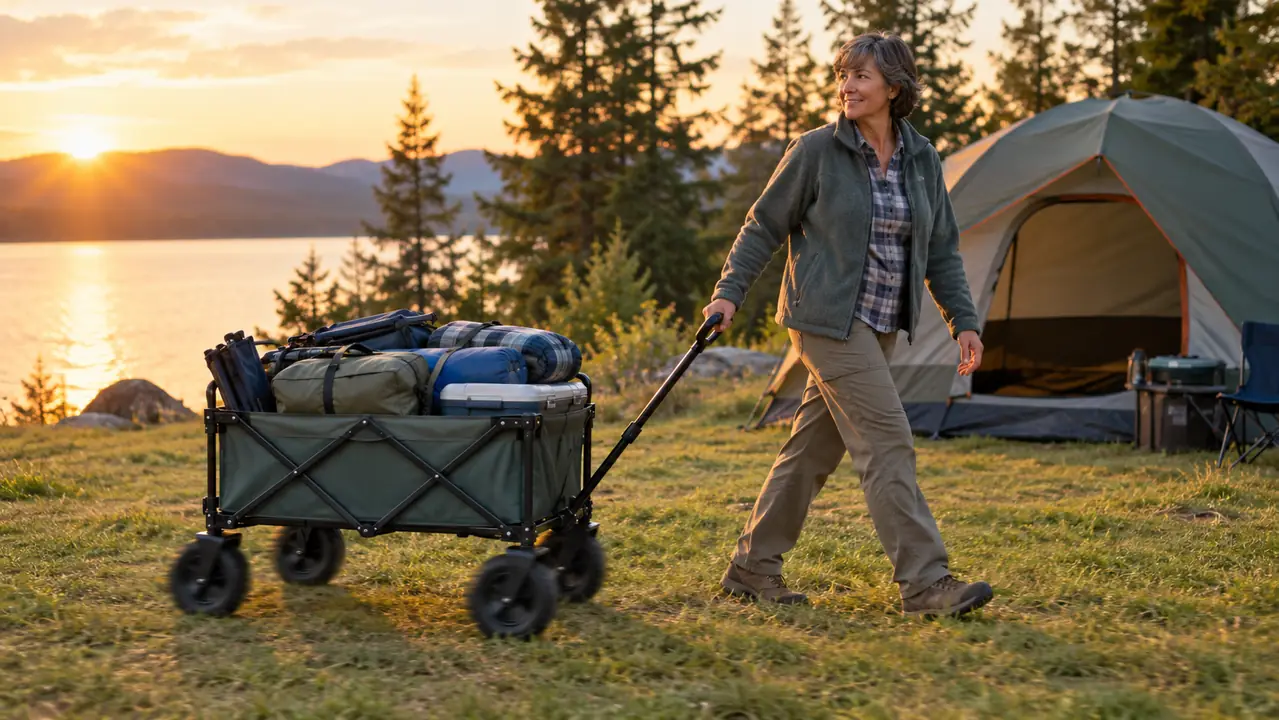 A person pulling a loaded folding wagon across a grassy campsite toward a tent